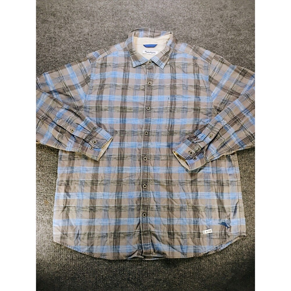 Tommy Bahama Men's XXL Blue Gray Plaid Long Sleeve Button Up Shirt Marlin Logo